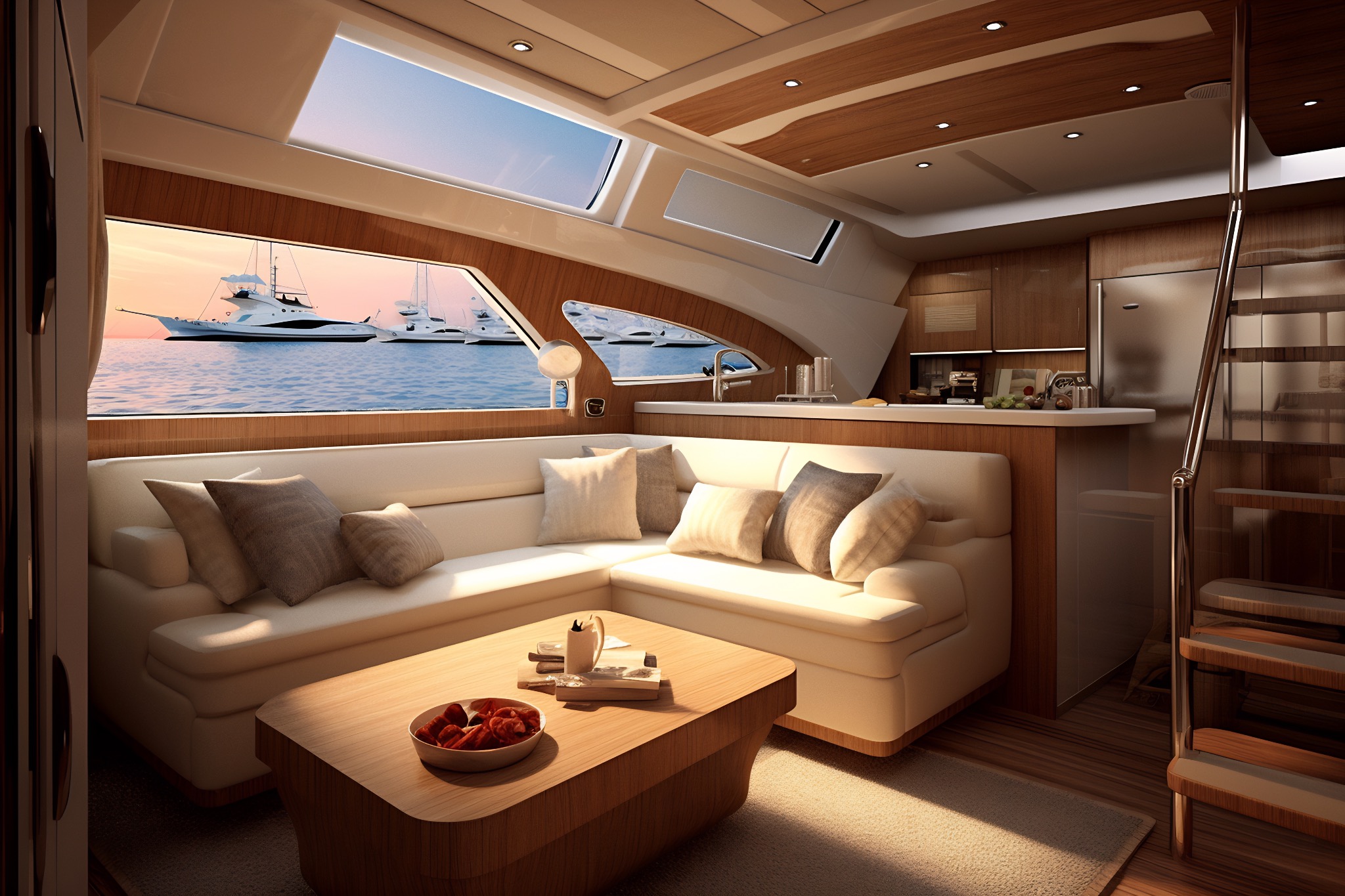 Comfortable interior of a recreational boat with large windows