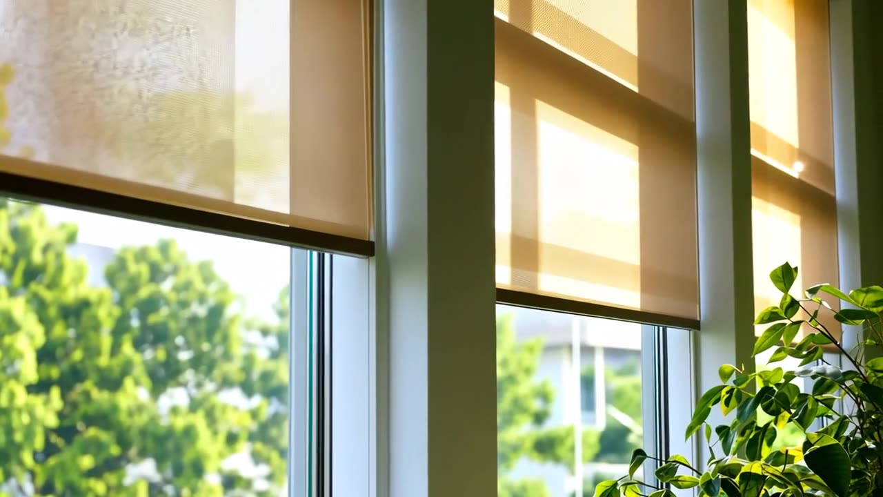 Sunlit roller shades on tall windows