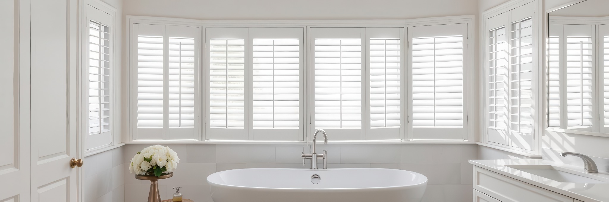 White plantation shutters around a bathtub