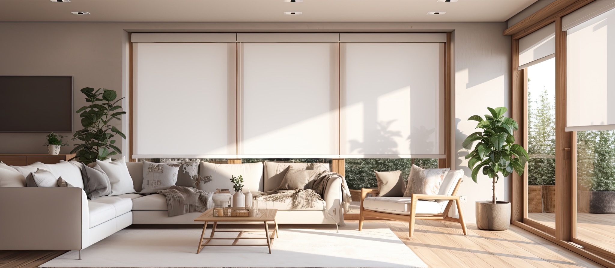 Sunlit living room with custom roller shades